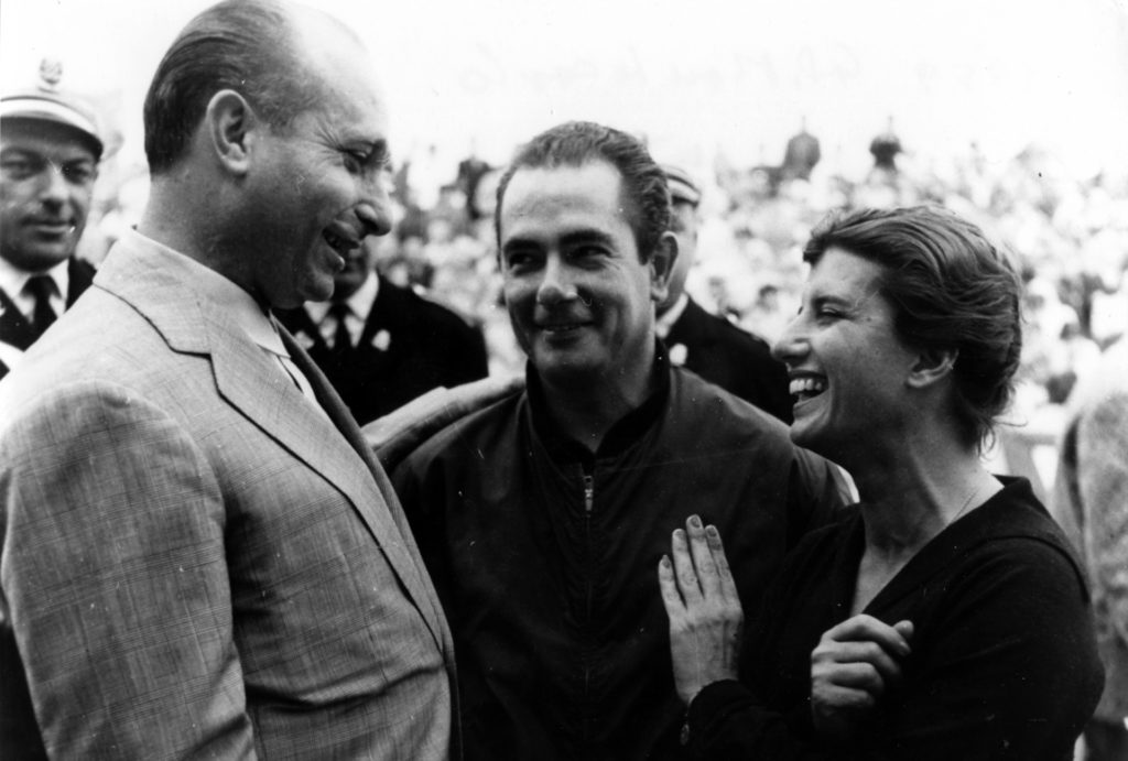 Maria Teresa de Filippis with Juan Manuel Fangio and Jean Behra Monaco GP 1959